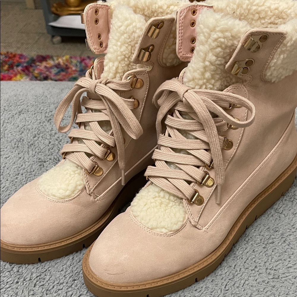 JustFab Blush Shearling Lace-Up Boots